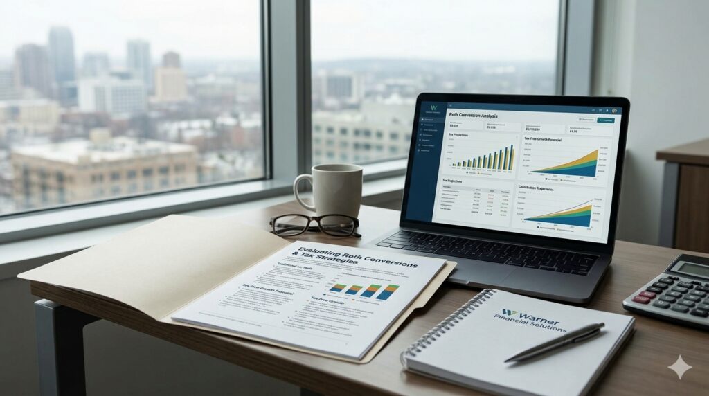 Muted corporate office workspace desk featuring a laptop with retirement tax charts and a Roth conversion strategy document for Warner Financial Solutions.